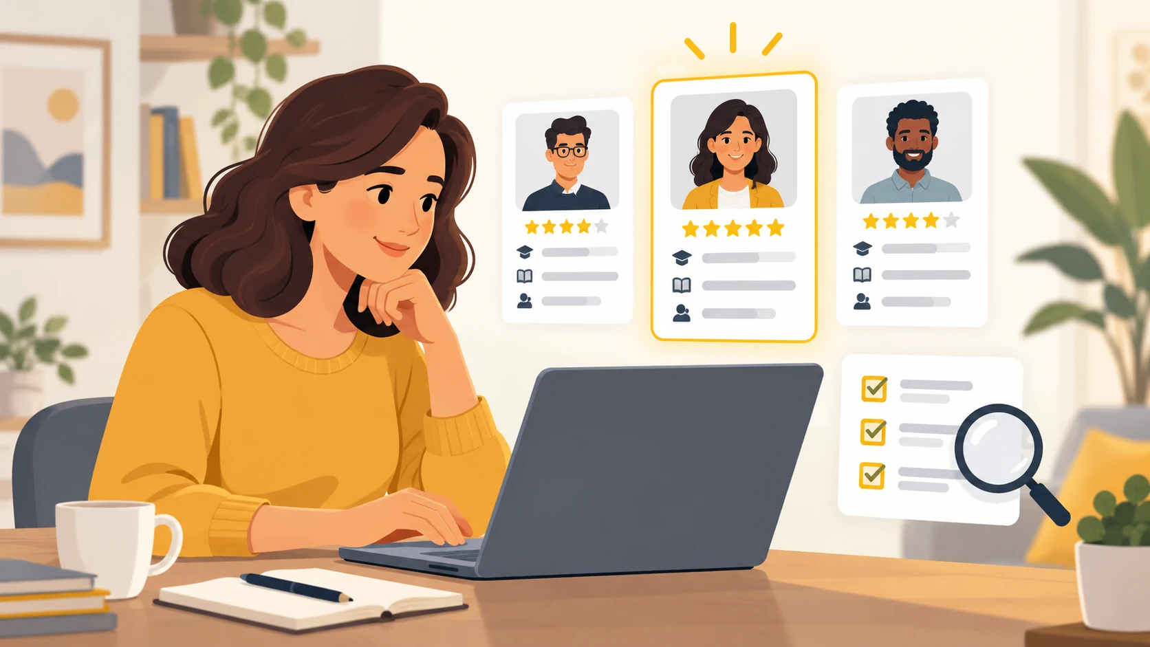 Parent comparing online tutors on a laptop with a checklist