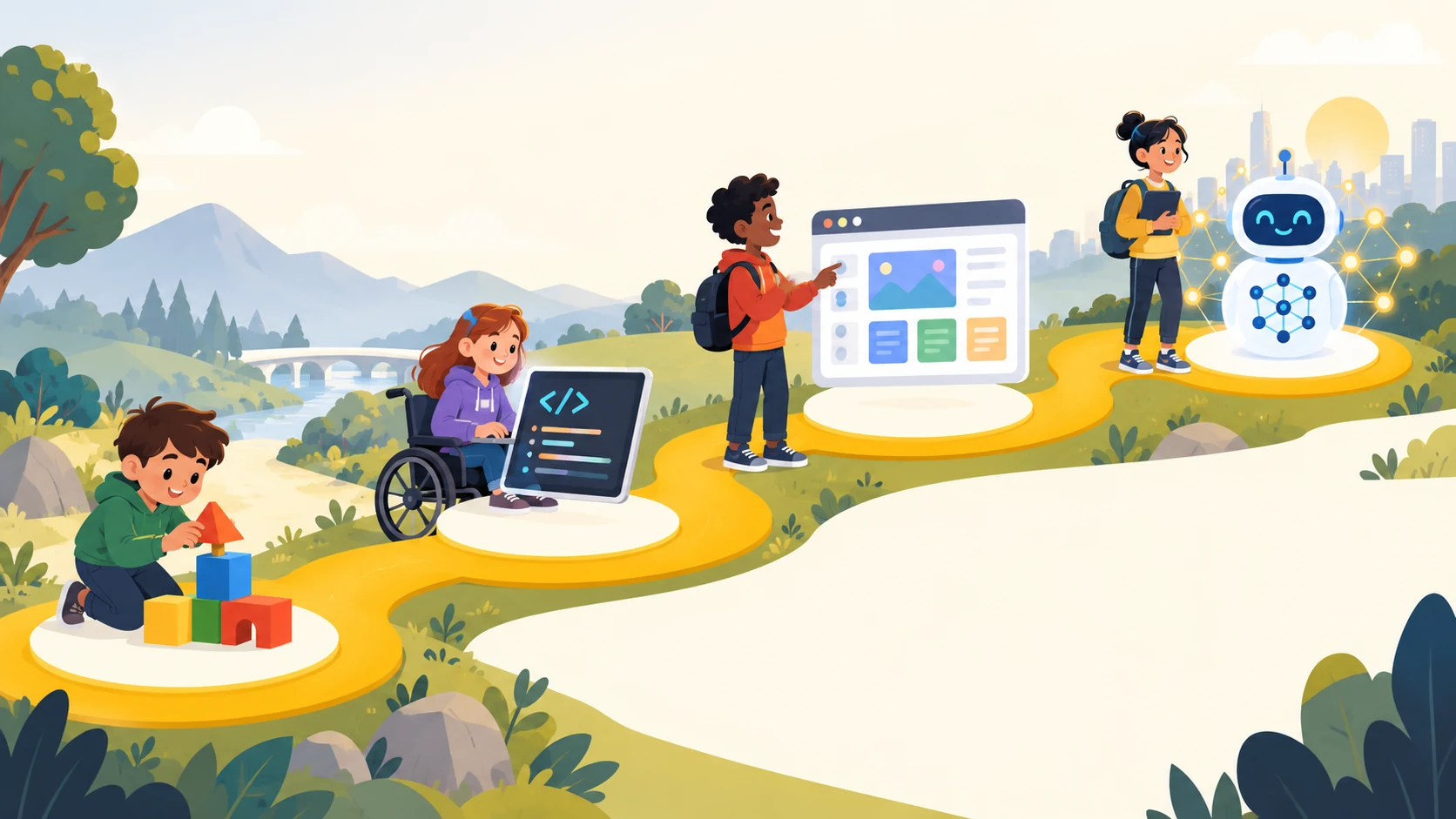 Children following a coding learning path from building blocks to artificial intelligence