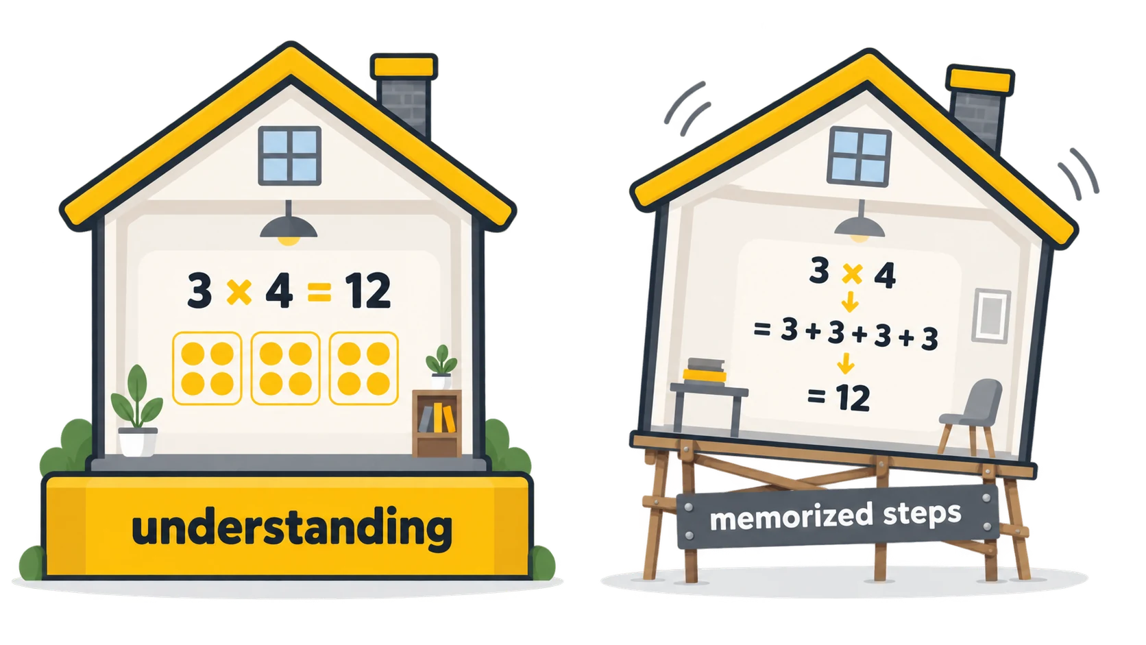 Two houses comparing a solid foundation of understanding with memorized math steps