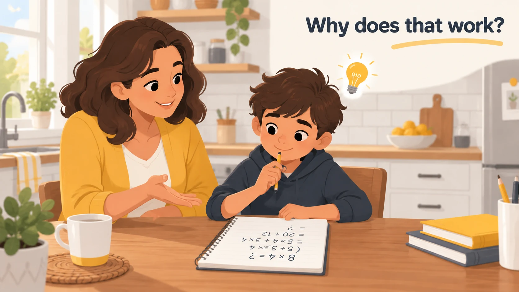 Parent asking a child why a math solution works