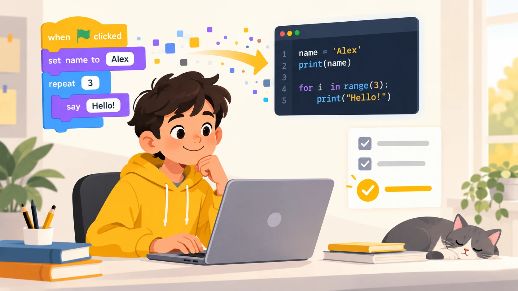 Child moving from visual coding blocks to Python on a laptop