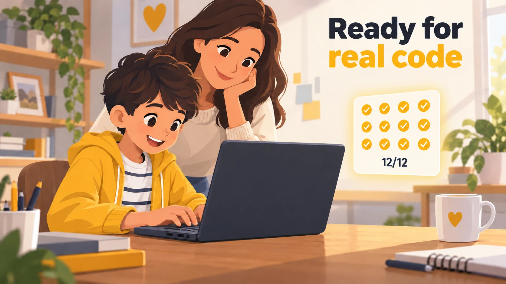 Parent and child exploring real code with a twelve-sign readiness checklist