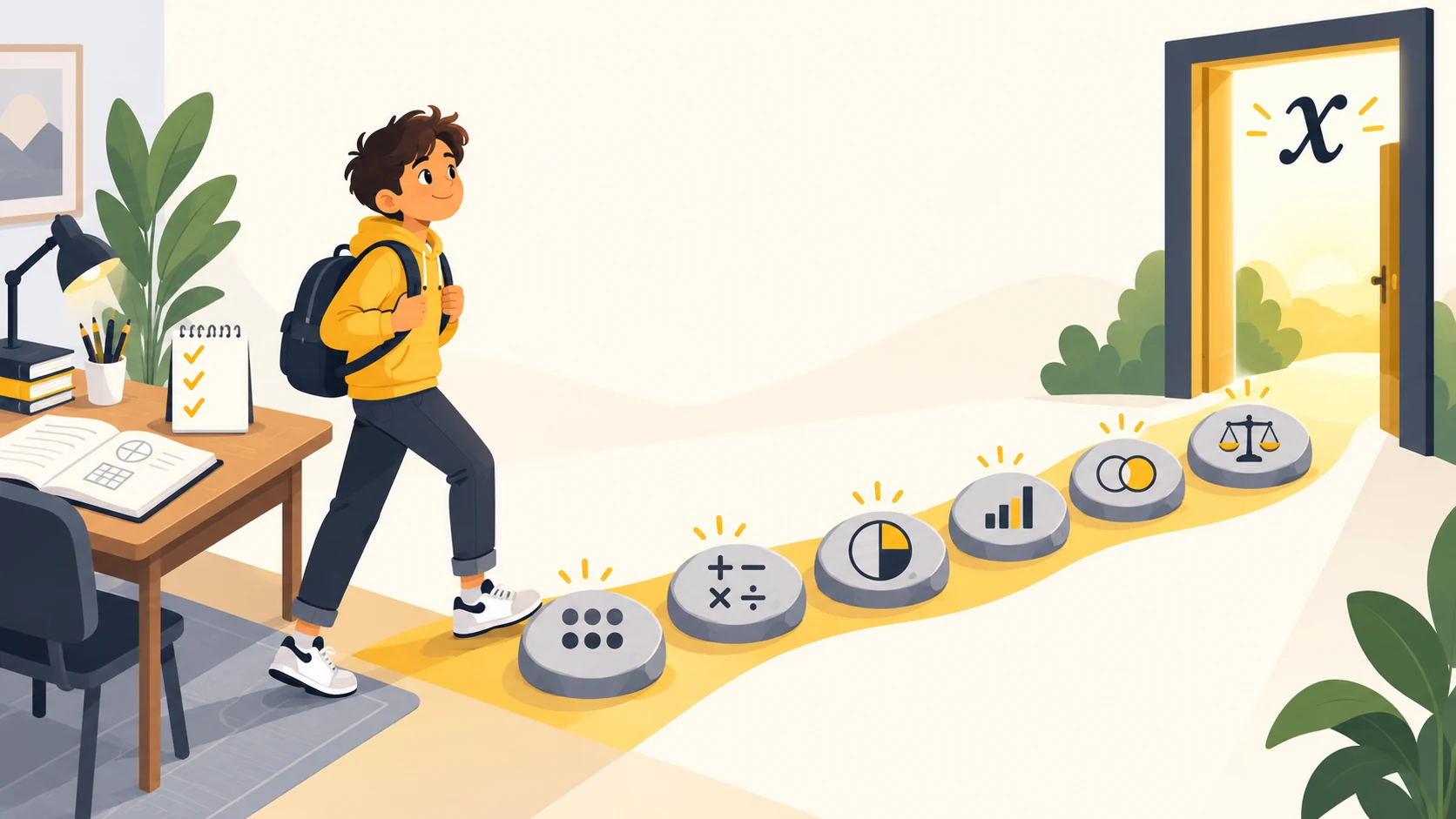 Student following math stepping stones toward an algebra doorway
