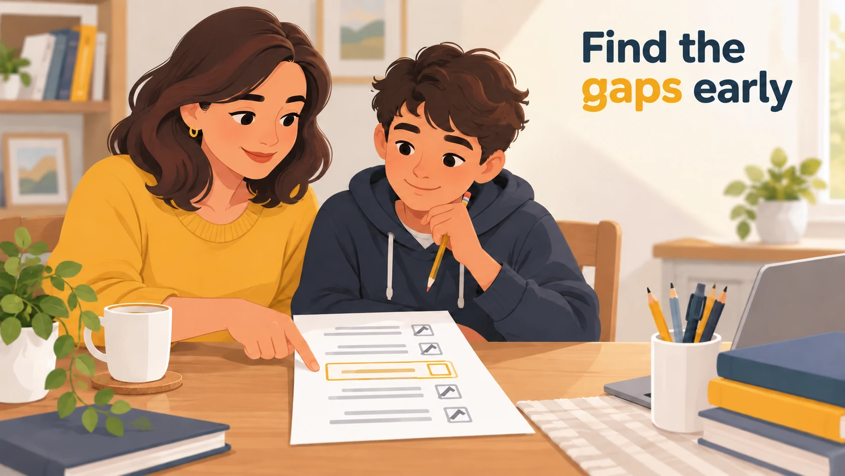 Parent and child checking math foundations together to find gaps early