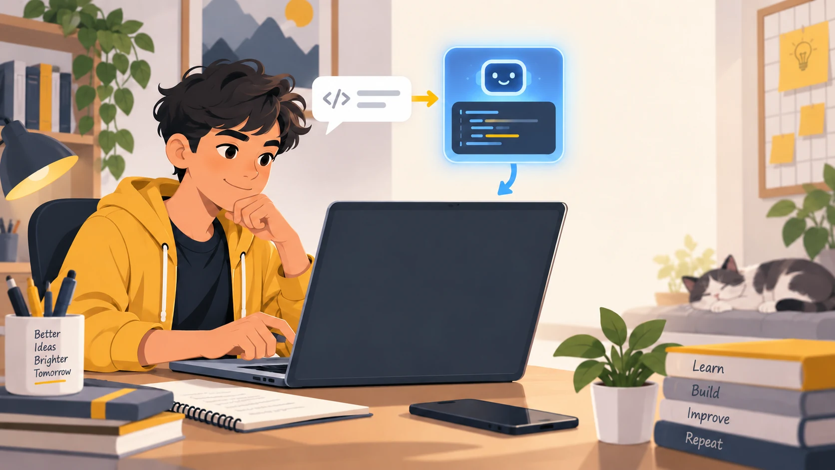 Young coder considering code generated by an AI assistant