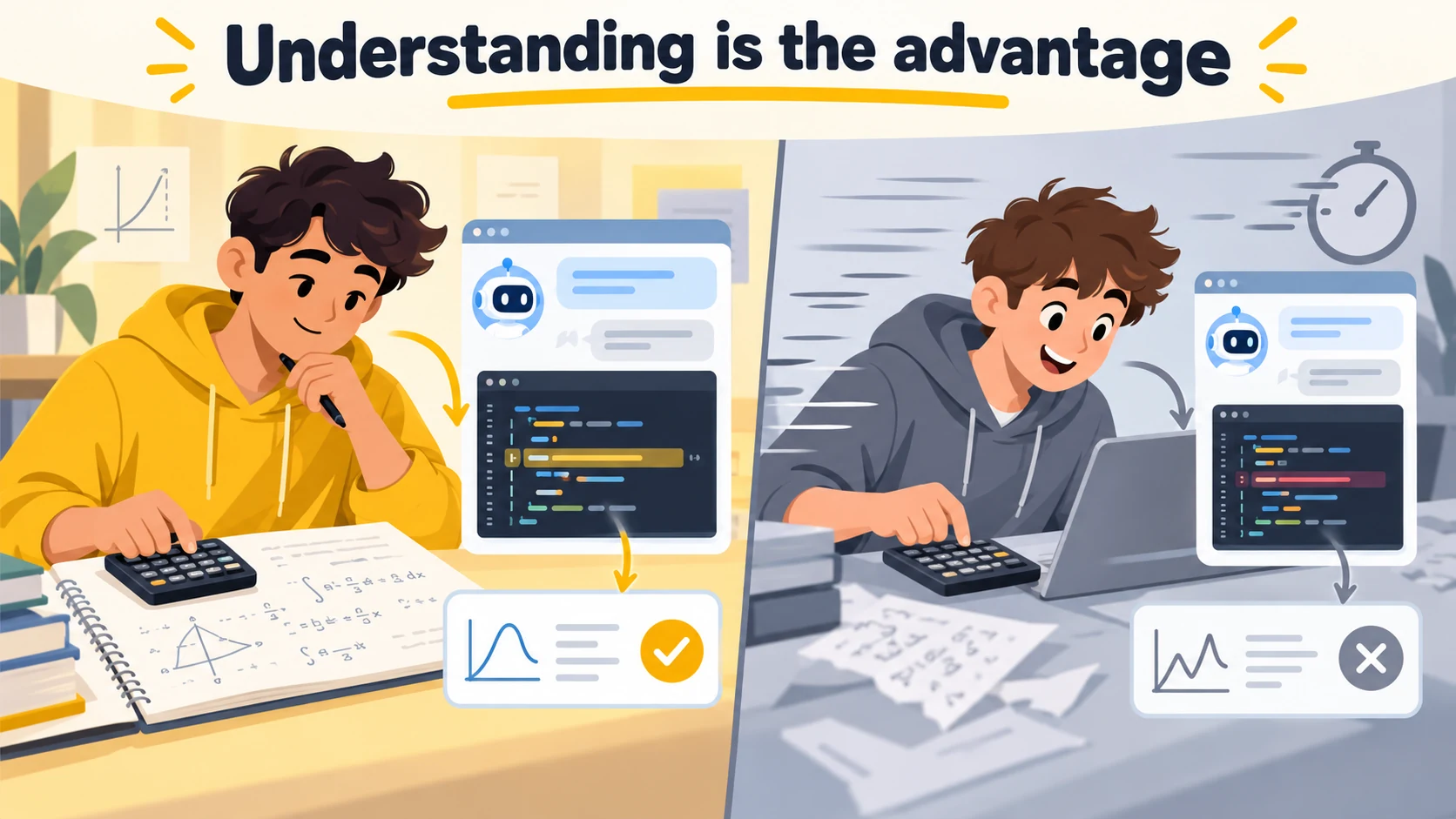Two students using AI coding tools, illustrating the advantage of understanding the code